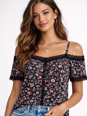 Floral Off Shoulder Top Boho Cottagecore Lace Trim Black Blouse Size M